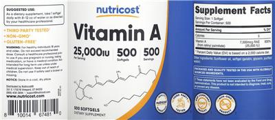 Nutricost Vitamin A 25000 IU source label used in the packaging illustration
