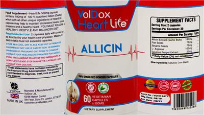 VolDox HeartLife Allicin source label used in the packaging illustration