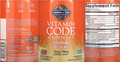 Garden of Life Vitamin Code Gummies Vitamins D3 50 mcg (2000 IU) & K2 100 mcg Raspberry Lemon Flavor product packaging