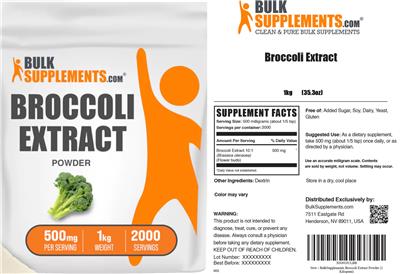 BulkSupplements.com Broccoli Extract Powder 500 mg source label used in the packaging illustration
