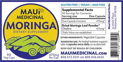 Maui Medicinal Moringa source label used in the packaging illustration