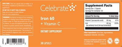 Celebrate Iron 60 + Vitamin C source label used in the packaging illustration