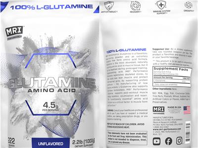 MRI Performance Glutamine Amino Acid Unflavored source label used in the packaging illustration
