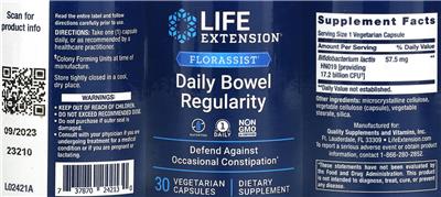 Life Extension Florassist Daily Bowel Regularity source label used in the packaging illustration