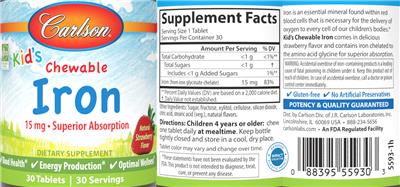 Carlson Kid's Chewable Iron 15 mg Natural Strawberry Flavor product packaging