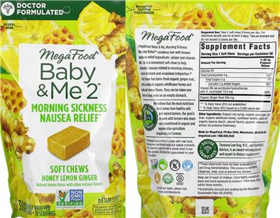 MegaFood Baby & Me Morning Sickness Nausea Relief Soft Chews Honey Lemon Ginger source label used in the packaging illustration