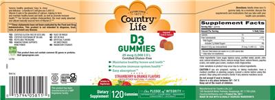 Country Life D3 Gummies 25 mcg (1000 IU) source label used in the packaging illustration