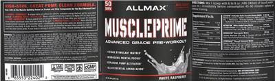 ALLMAX MusclePrime White Raspberry source label used in the packaging illustration