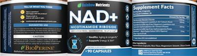 Rainbow Nutrients NAD+ source label used in the packaging illustration