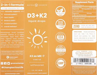 NutraChamps D3 + K2 Liquid Drops Unflavored source label used in the packaging illustration