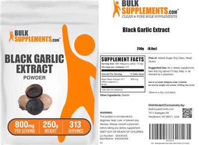 BulkSupplements.com Black Garlic Extract Powder 800 mg source label used in the packaging illustration