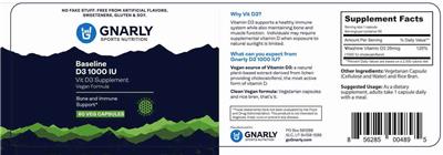 Gnarly Sports Nutrition Baseline D3 1000 IU source label used in the packaging illustration