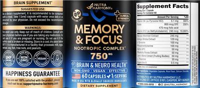 Nutra Harmony Memory & Focus 750 mg source label used in the packaging illustration