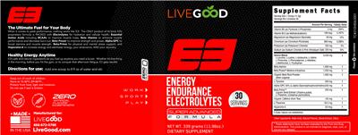LiveGood E3 Energy Endurance Electrolytes source label used in the packaging illustration