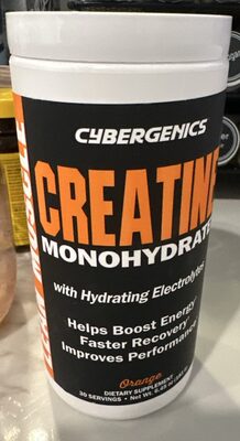 Cybergenics Creatine Monohydrate Orange source label used in the packaging illustration