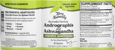 Terry Naturally Andrographis and Ashwagandha source label used in the packaging illustration