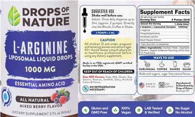 Drops of Nature L-Arginine Liposomal Liquid Drops 1000 mg Mixed Berry Flavor product packaging