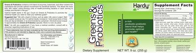 Hardy Nutritionals Greens & Probiotics Powder source label used in the packaging illustration