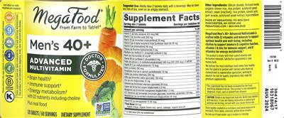MegaFood Men's 40+ Advanced Multivitamin source label used in the packaging illustration