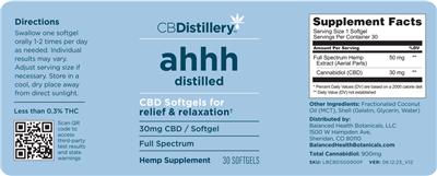 CBDistillery ahhh distilled CBD Softgels 30 mg Full Spectrum source label used in the packaging illustration