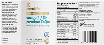 Xtendlife Omega 3/QH Premium CoQ10 source label used in the packaging illustration