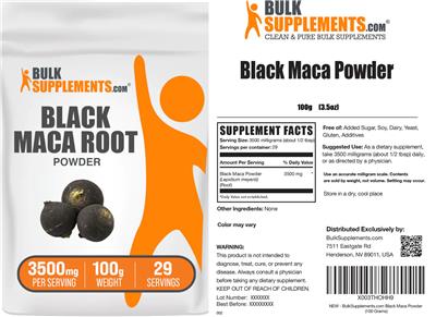 BulkSupplements.com Black Maca Root Powder 3500 mg source label used in the packaging illustration