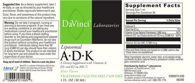 DaVinci Laboratories Liposomal A-D-K Mint Flavor source label used in the packaging illustration
