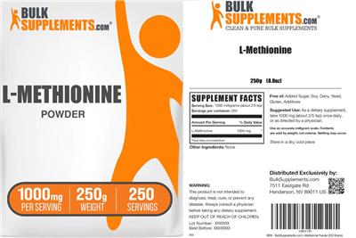 BulkSupplements.com L-Methionine Powder 1000 mg source label used in the packaging illustration