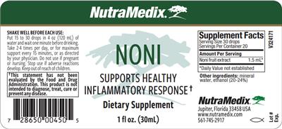 NutraMedix Noni source label used in the packaging illustration