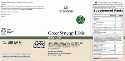 Arbonne GreenSynergy Elixir Citrus Flavor source label used in the packaging illustration