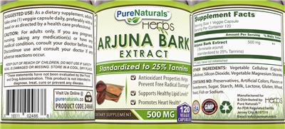 Pure Naturals Herbs Arjuna Bark Extract 500 mg source label used in the packaging illustration