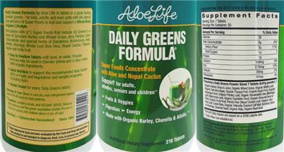 Aloe Life Daily Greens Formula source label used in the packaging illustration