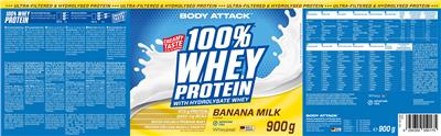 Body Attack 100% Whey Protein Banana Milk source label used in the packaging illustration