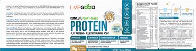 LiveGood Complete Plant-Based Protein Delicious Vanilla Flavor source label used in the packaging illustration