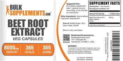 BulkSupplements.com Beet Root Extract 8000 mg source label used in the packaging illustration