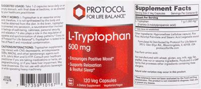 Protocol For Life Balance L-Tryptophan 500 mg source label used in the packaging illustration