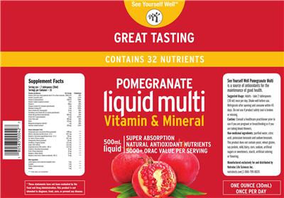 See Yourself Well Pomegranate Liquid Multi Vitamin & Mineral source label used in the packaging illustration