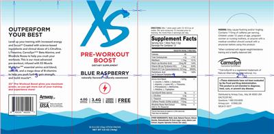 XS Pre-Workout Boost Blue Raspberry Flavored source label used in the packaging illustration