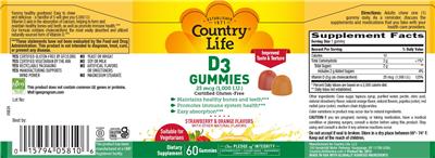 Country Life D3 Gummies 25 mcg (1000 IU) source label used in the packaging illustration