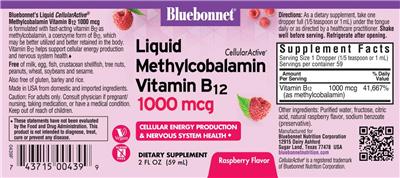 Bluebonnet Liquid CellularActive Methylcobalamin Vitamin B12 1000 mcg Raspberry Flavor source label used in the packaging illustration