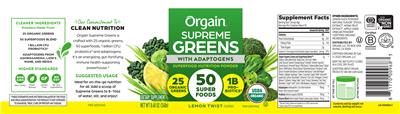 Orgain Supreme Greens with Adaptogens Lemon Twist Flavored source label used in the packaging illustration