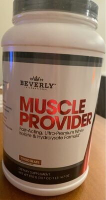 Beverly International Muscle Provider Chocolate Flavor source label used in the packaging illustration