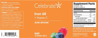 Celebrate Iron 60 + Vitamin C Berry source label used in the packaging illustration