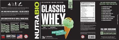NutraBio Classic Whey Pistachio Delight source label used in the packaging illustration