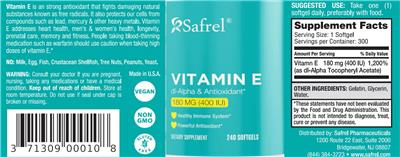 Safrel Vitamin E 180 mg (400 IU) source label used in the packaging illustration