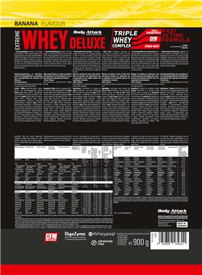 Body Attack Sports Nutrition Extreme Whey Deluxe Banana Flavour source label used in the packaging illustration