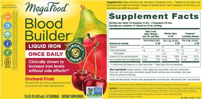 MegaFood Blood Builder Liquid Iron Once Daily Orchard Fruit source label used in the packaging illustration