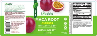 Lifeable Maca Root Gummies Passion Fruit Flavor source label used in the packaging illustration