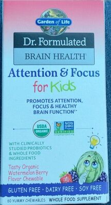 Garden of Life Dr. Formulated Brain Health Attention & Focus for Kids Tasty Organic Watermelon Berry Chewable source label used in the packaging illustration