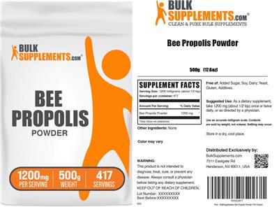 BulkSupplements.com Bee Propolis Powder 1200 mg source label used in the packaging illustration